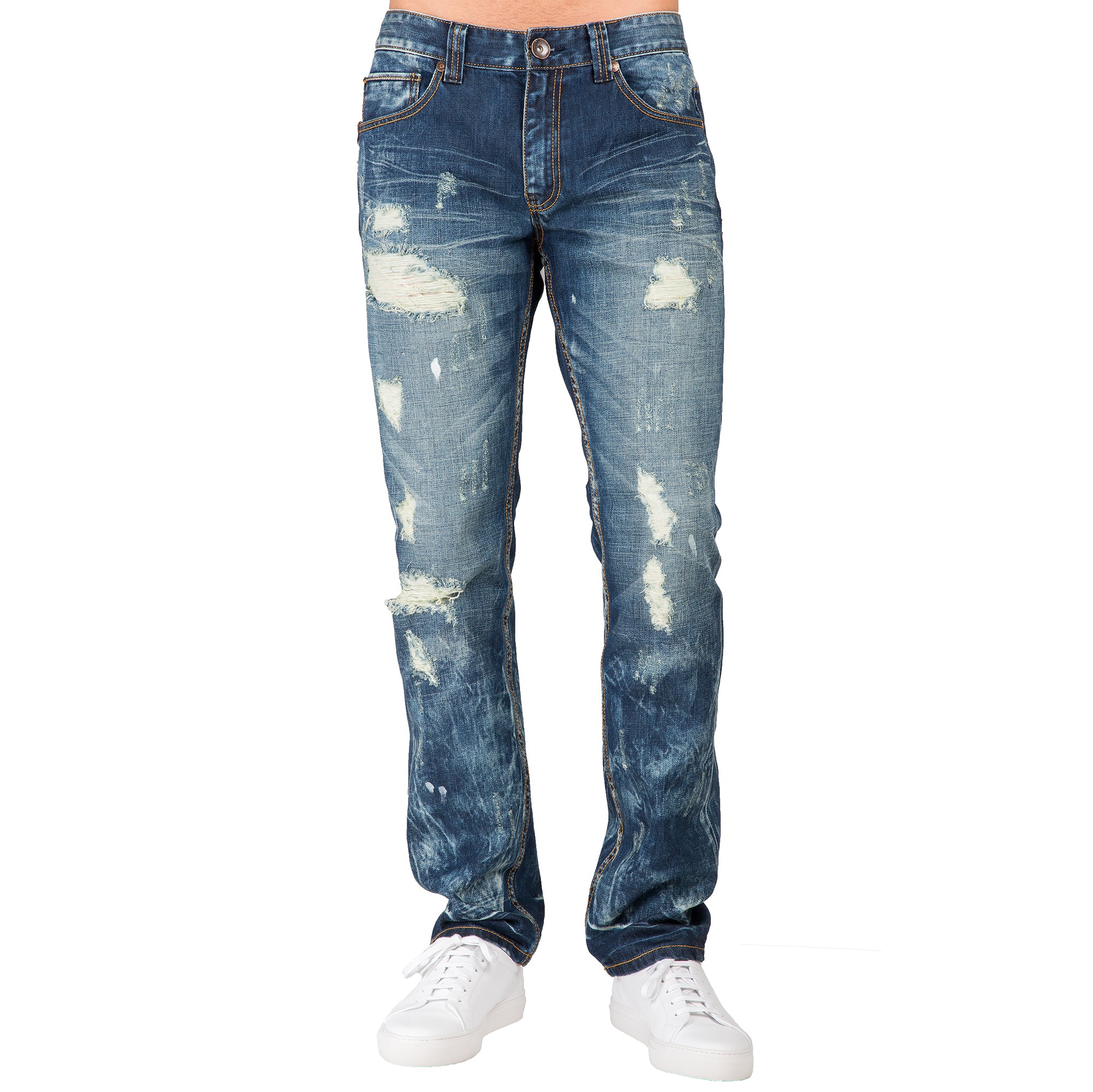 Slim Straight Destroyed Medium Blue Premium Denim Signature 5 Pocket Jeans Bleach Splatter