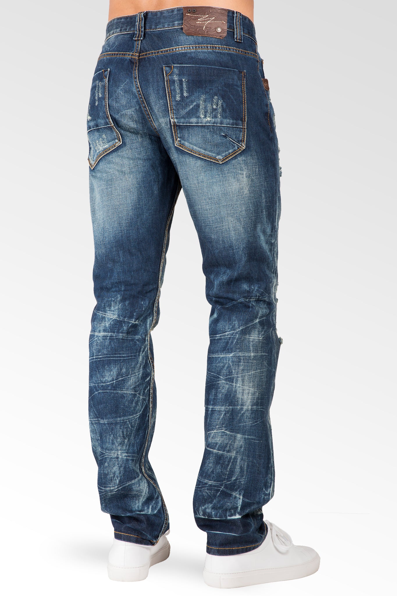 Slim Straight Destroyed Medium Blue Premium Denim Signature 5 Pocket Jeans Bleach Splatter