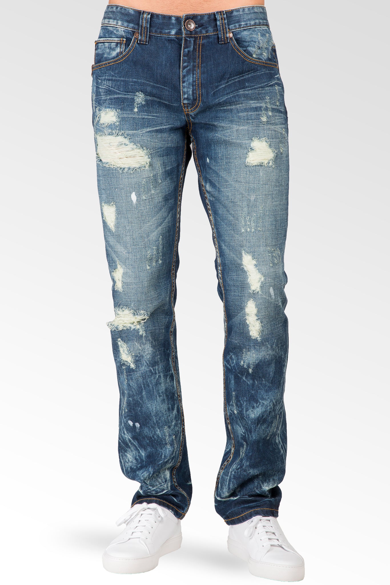 Slim Straight Destroyed Medium Blue Premium Denim Signature 5 Pocket Jeans Bleach Splatter