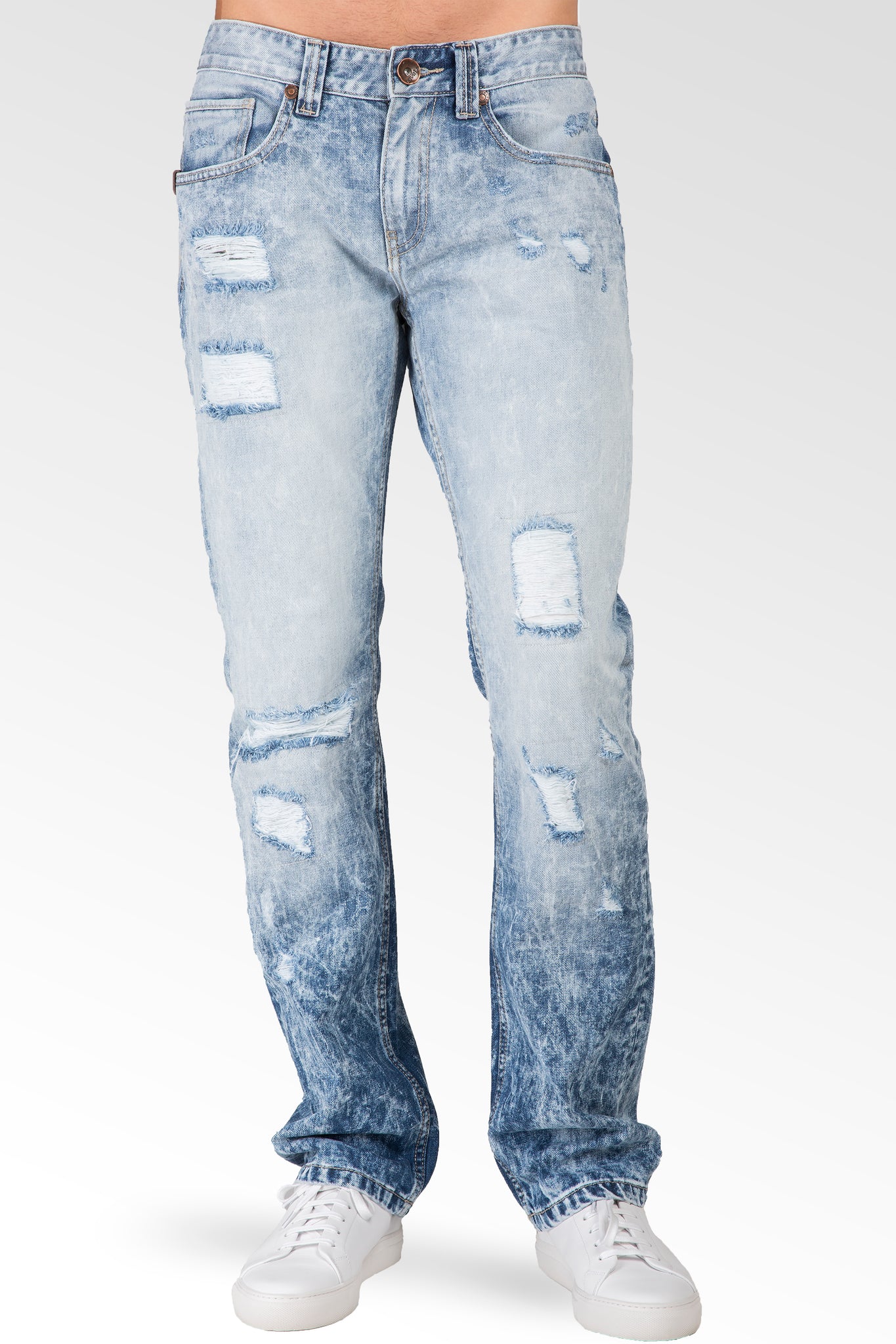 Slim Straight Cloud Blue Premium Denim Signature 5 Pocket Jeans Destroyed & Mended