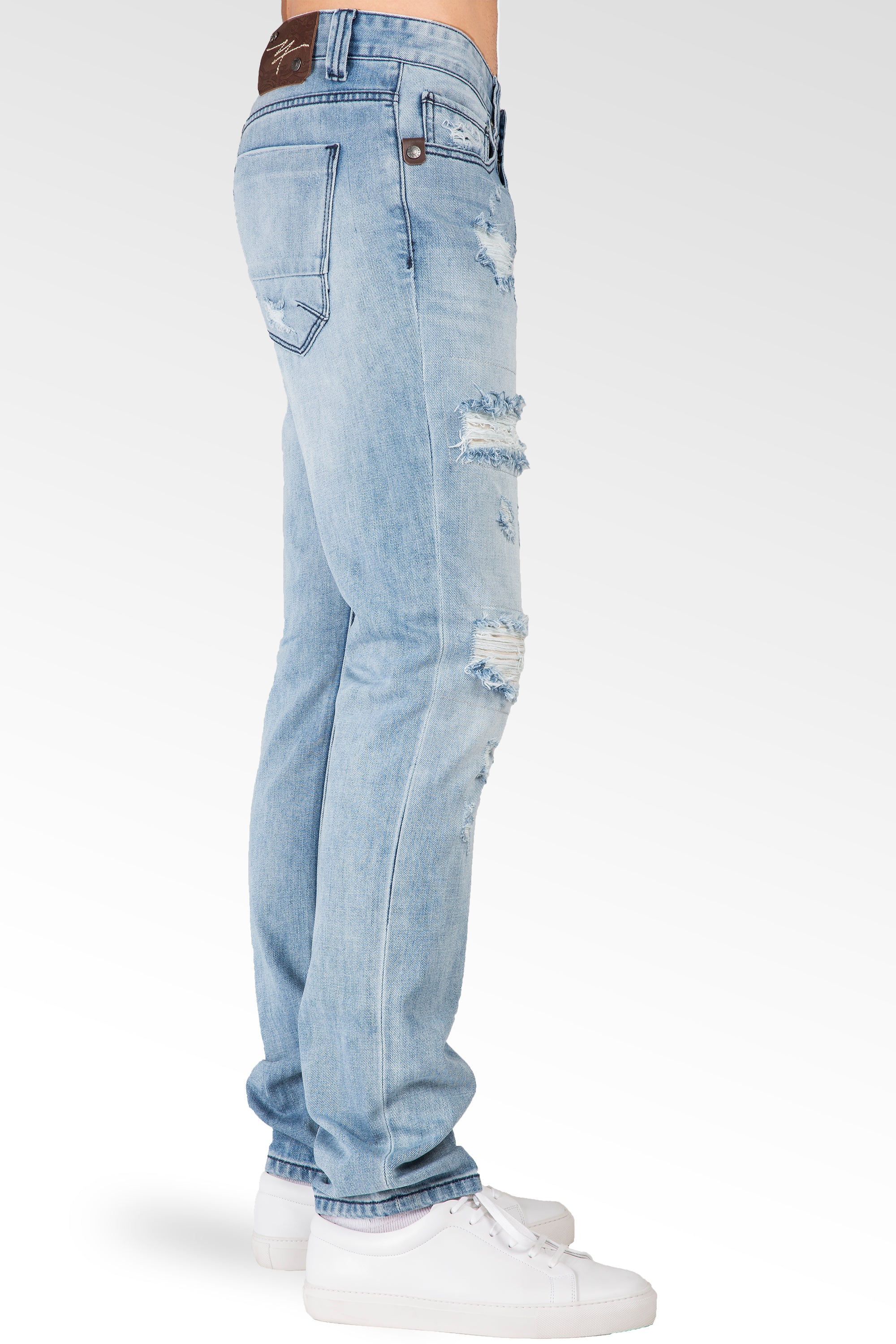 Level 7 Men's Powder Blue Distressed Slim Tapered 5 pocket Jeans Premium  Denim – Level 7 Jeans