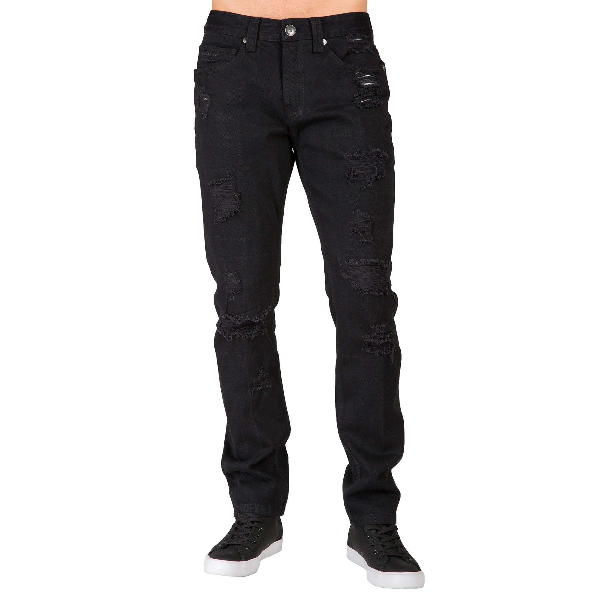 Slim Tapered Leg Overdyed Black Premium Denim Signature 5 Pocket Jean Mended Broken Holes