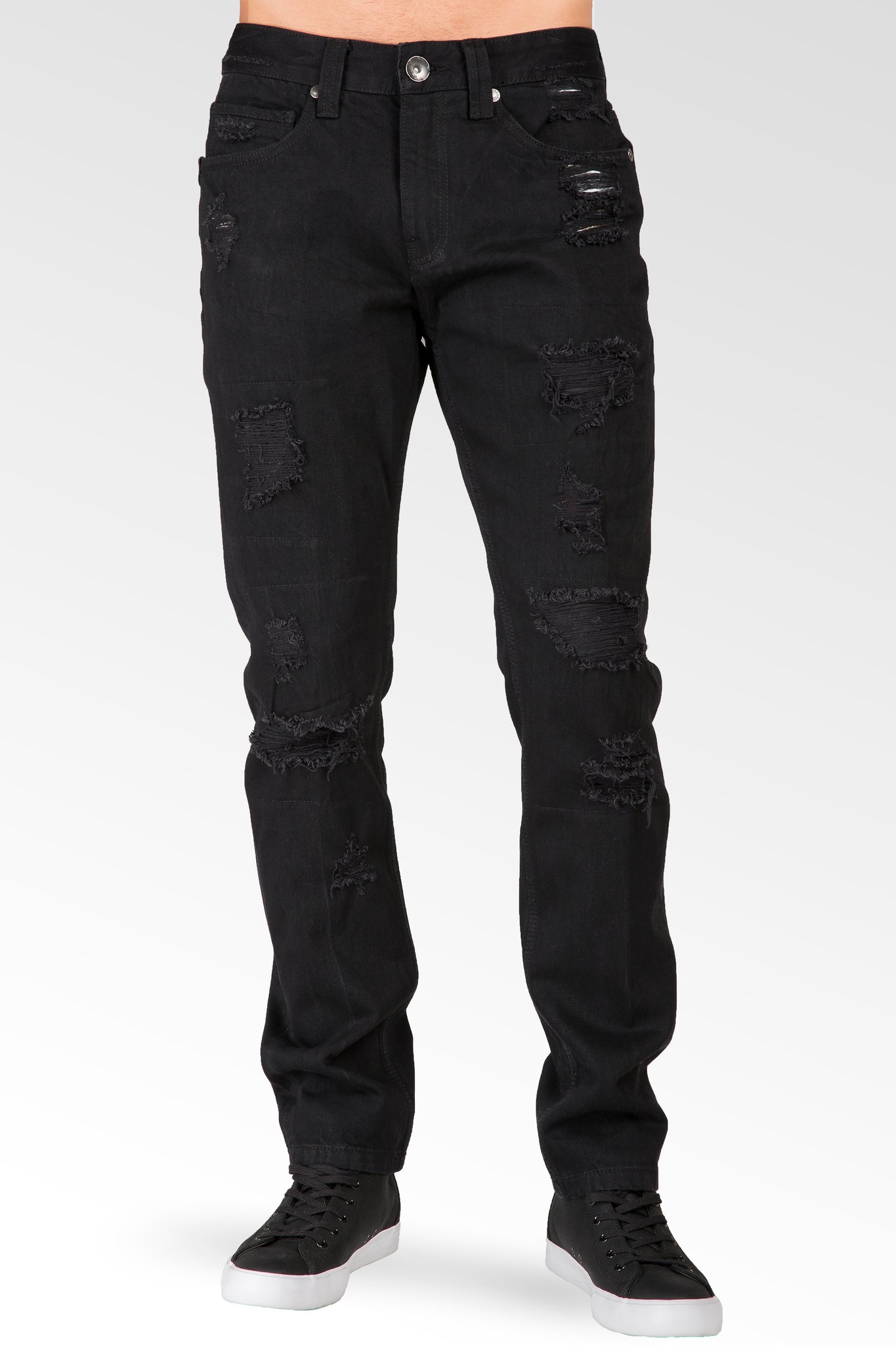 Slim Tapered Leg Overdyed Black Premium Denim Signature 5 Pocket Jean Mended Broken Holes