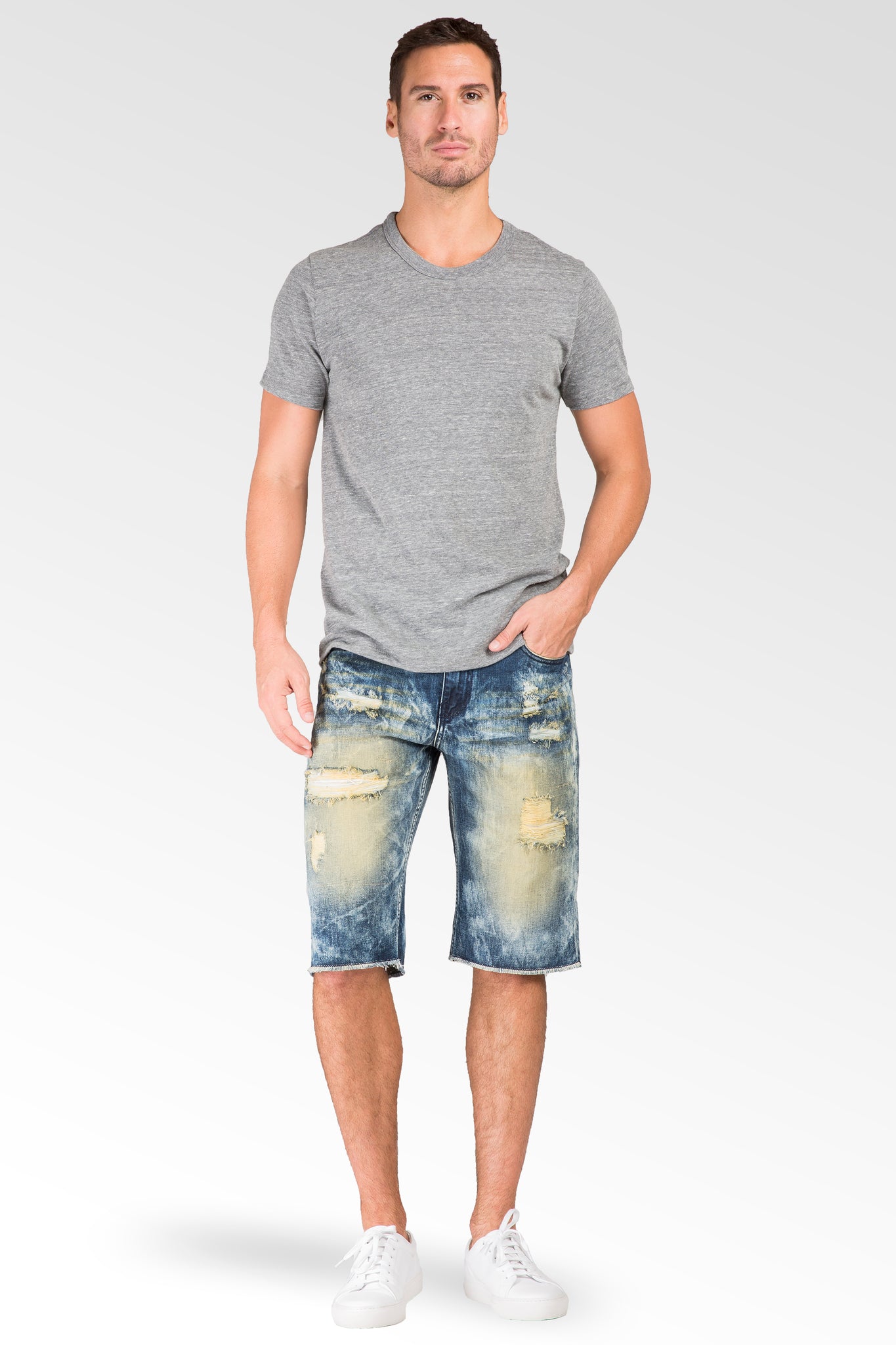 Relaxed Premium Denim 13" Cut Off 5 Pocket Shorts Tainted Destroyed & Mended