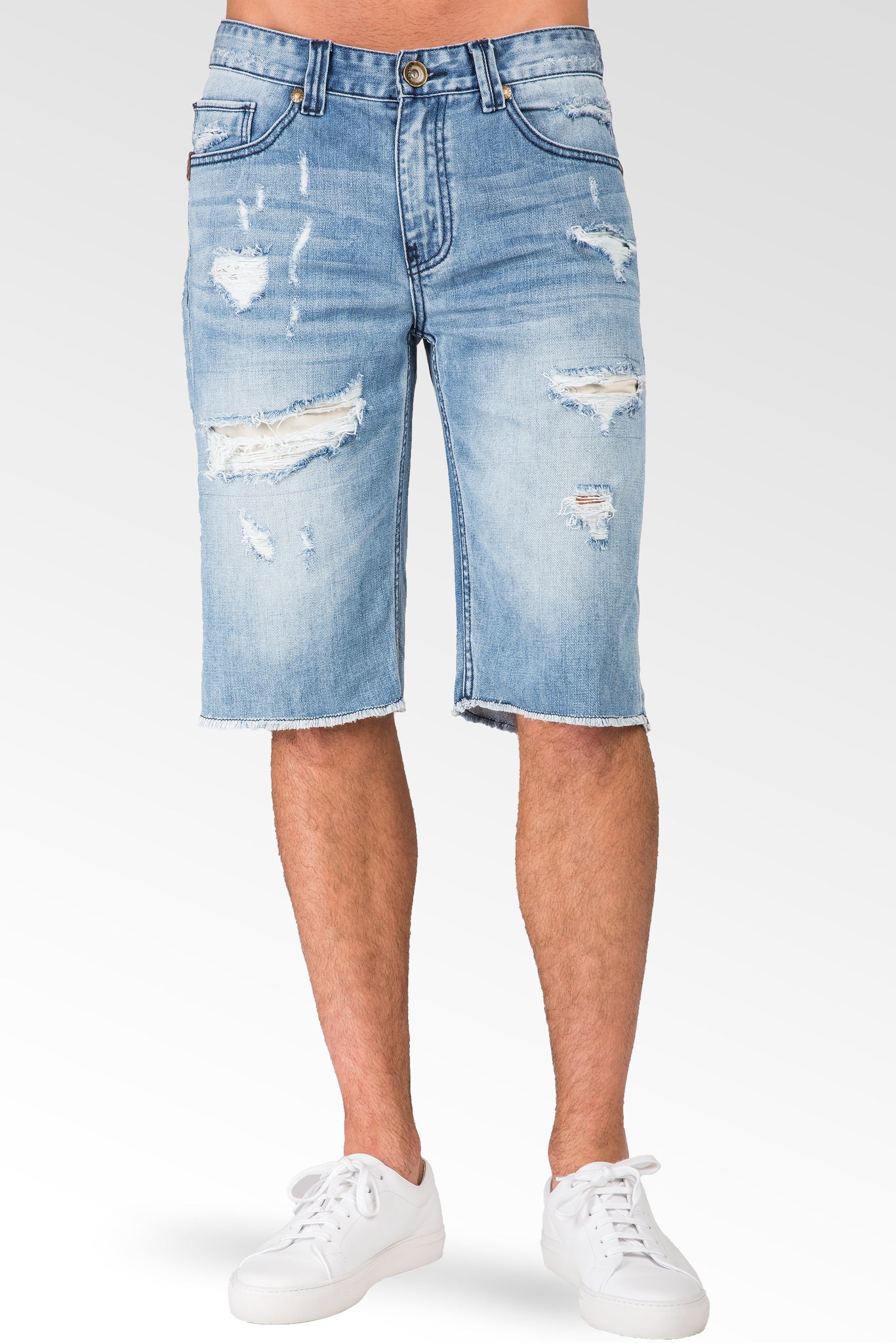 Light Sanded Blue Relaxed Premium Denim Cut Off Shorts Distressed Mended Raw Edge