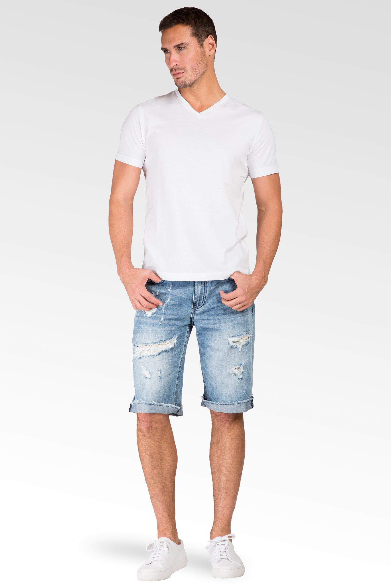 Light Sanded Blue Relaxed Premium Denim Cut Off Shorts Distressed Mended Raw Edge