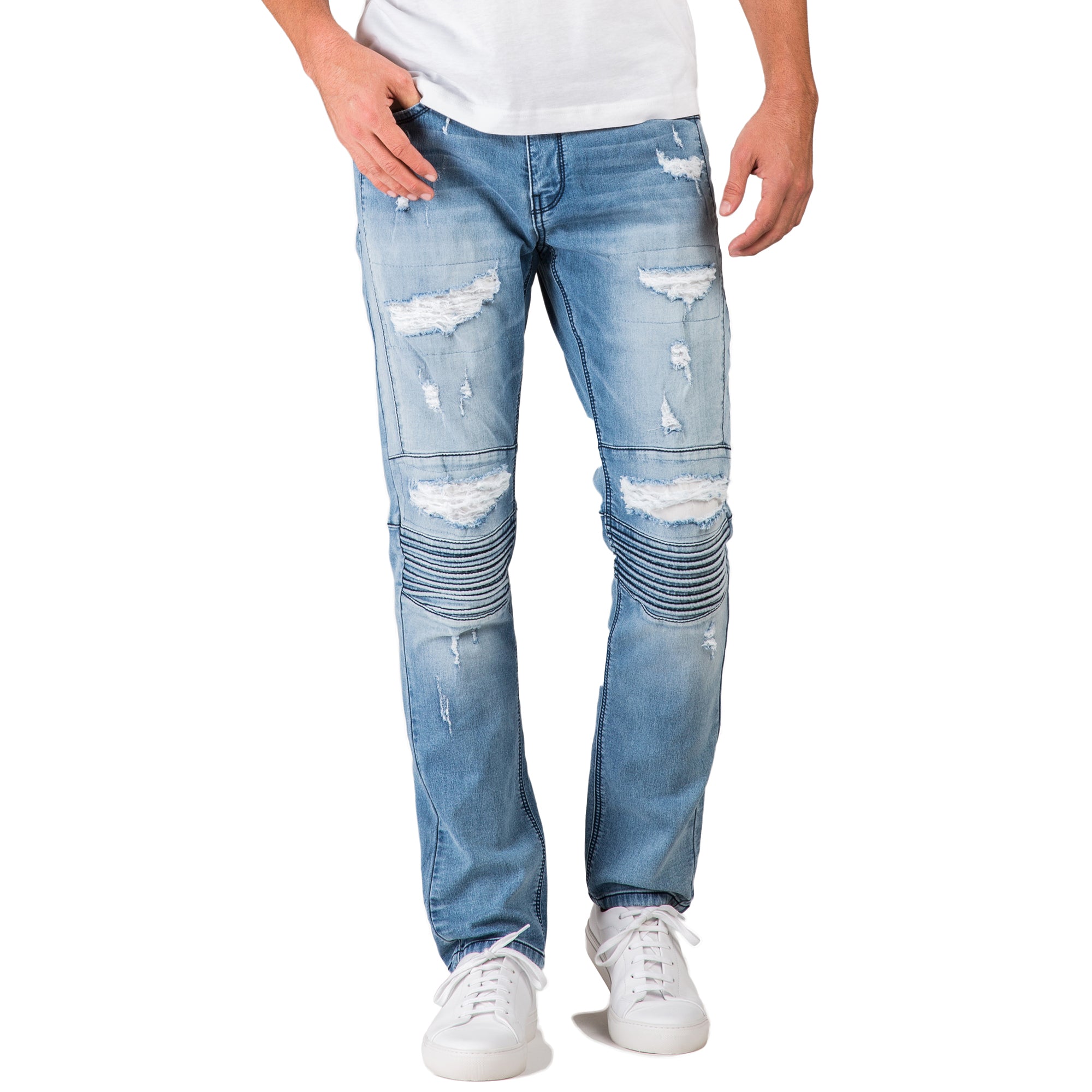 Slim Tapered Leg Premium Knit Denim Bleached Blue Moto Jeans Distressed & Mended