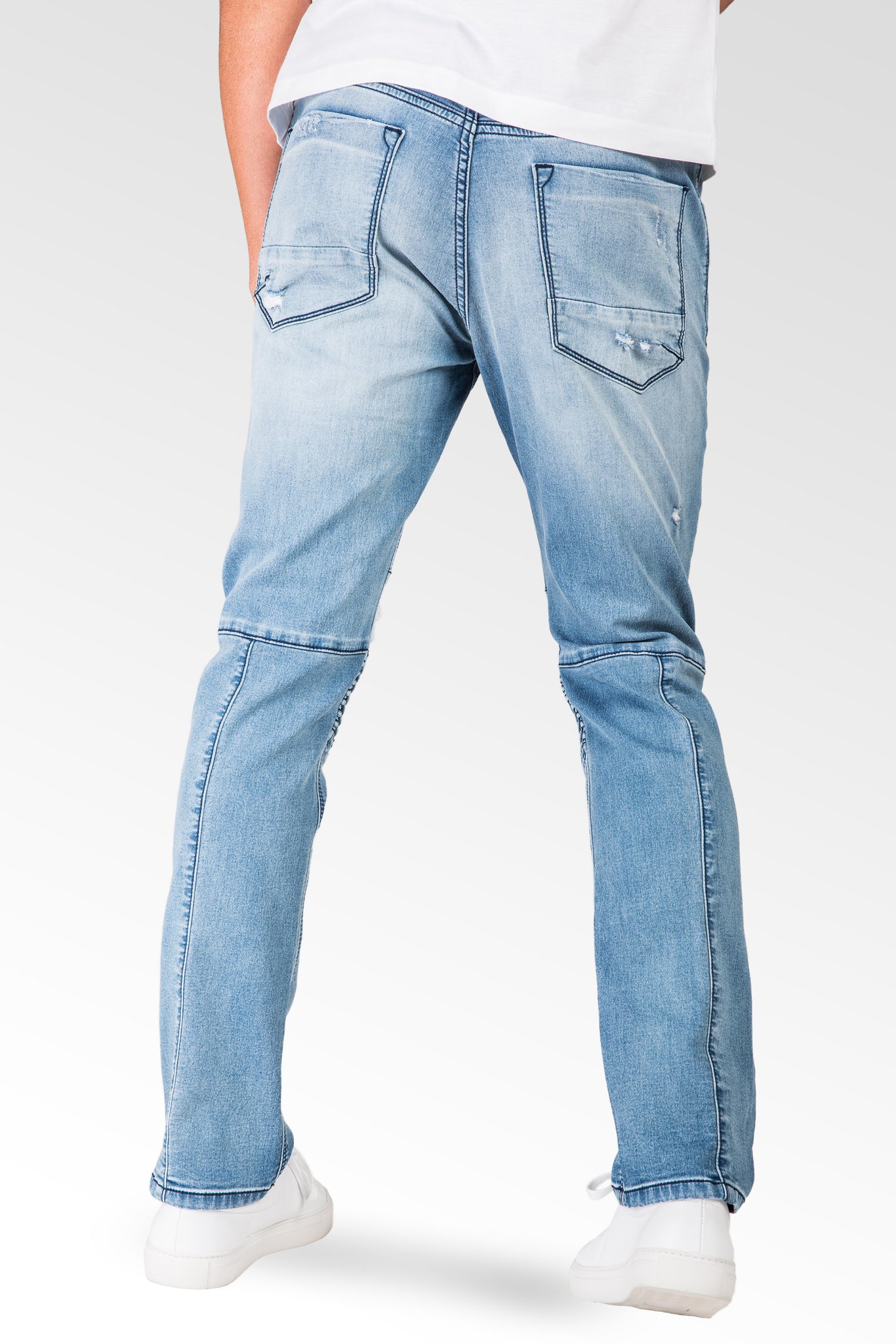 Slim Tapered Leg Premium Knit Denim Bleached Blue Moto Jeans Distressed & Mended