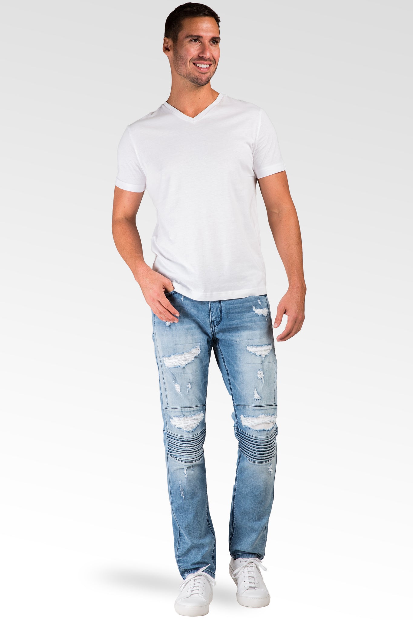 Slim Tapered Leg Premium Knit Denim Bleached Blue Moto Jeans Distressed & Mended