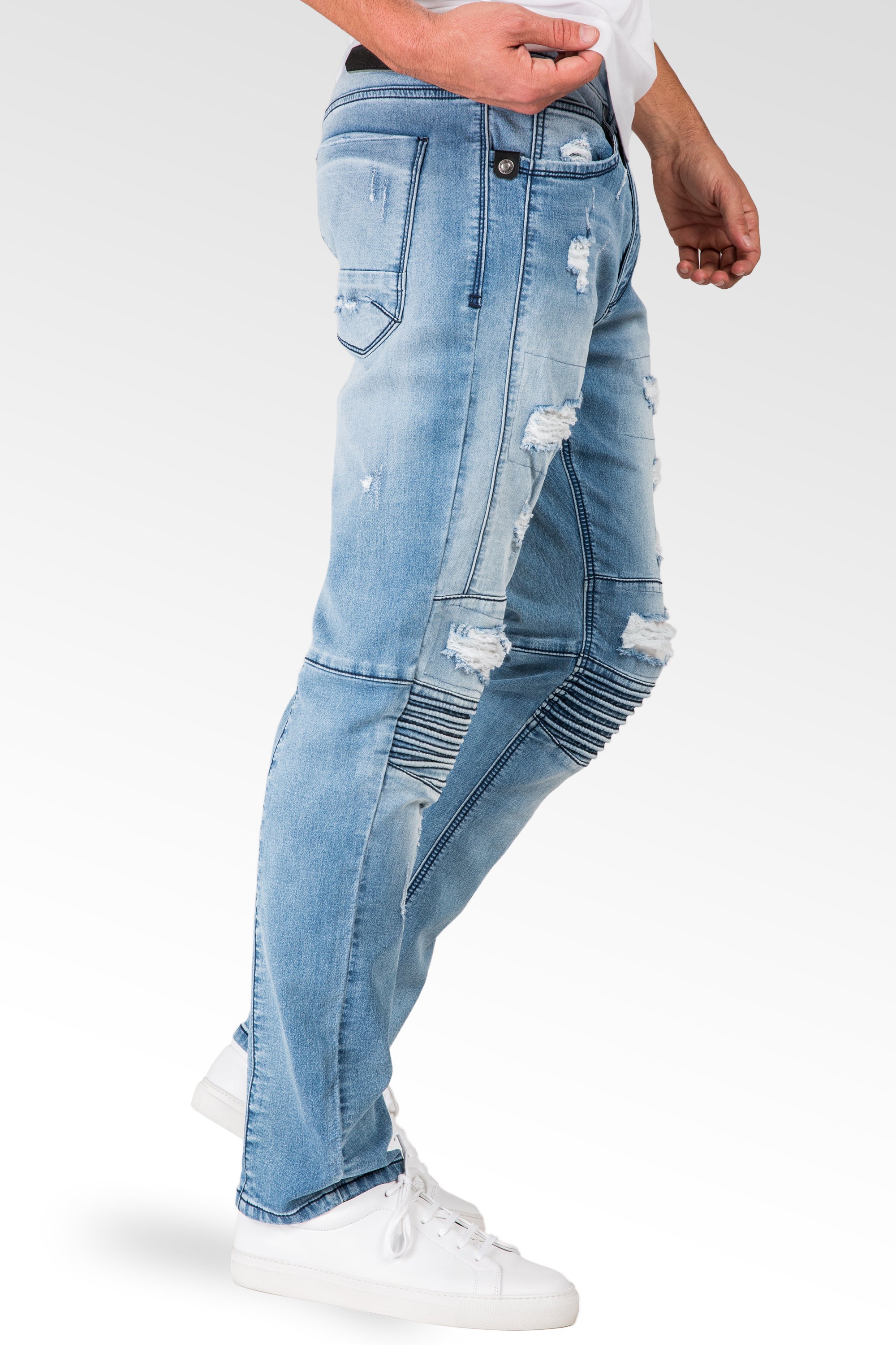 Distressed top moto jeggings