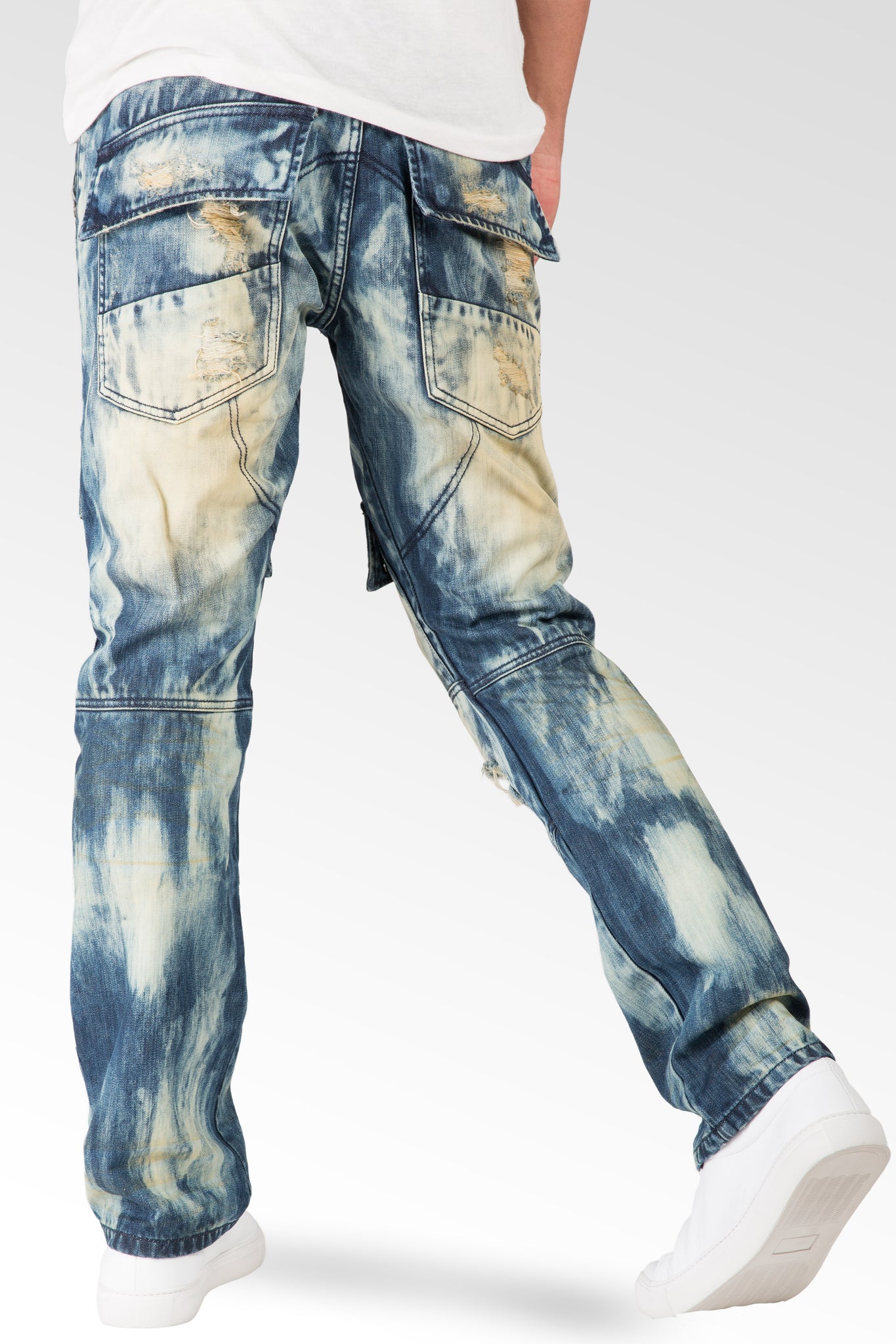 Slim Straight Premium Denim Tainted Front Cargo Pocket Jeans Ripped Mended