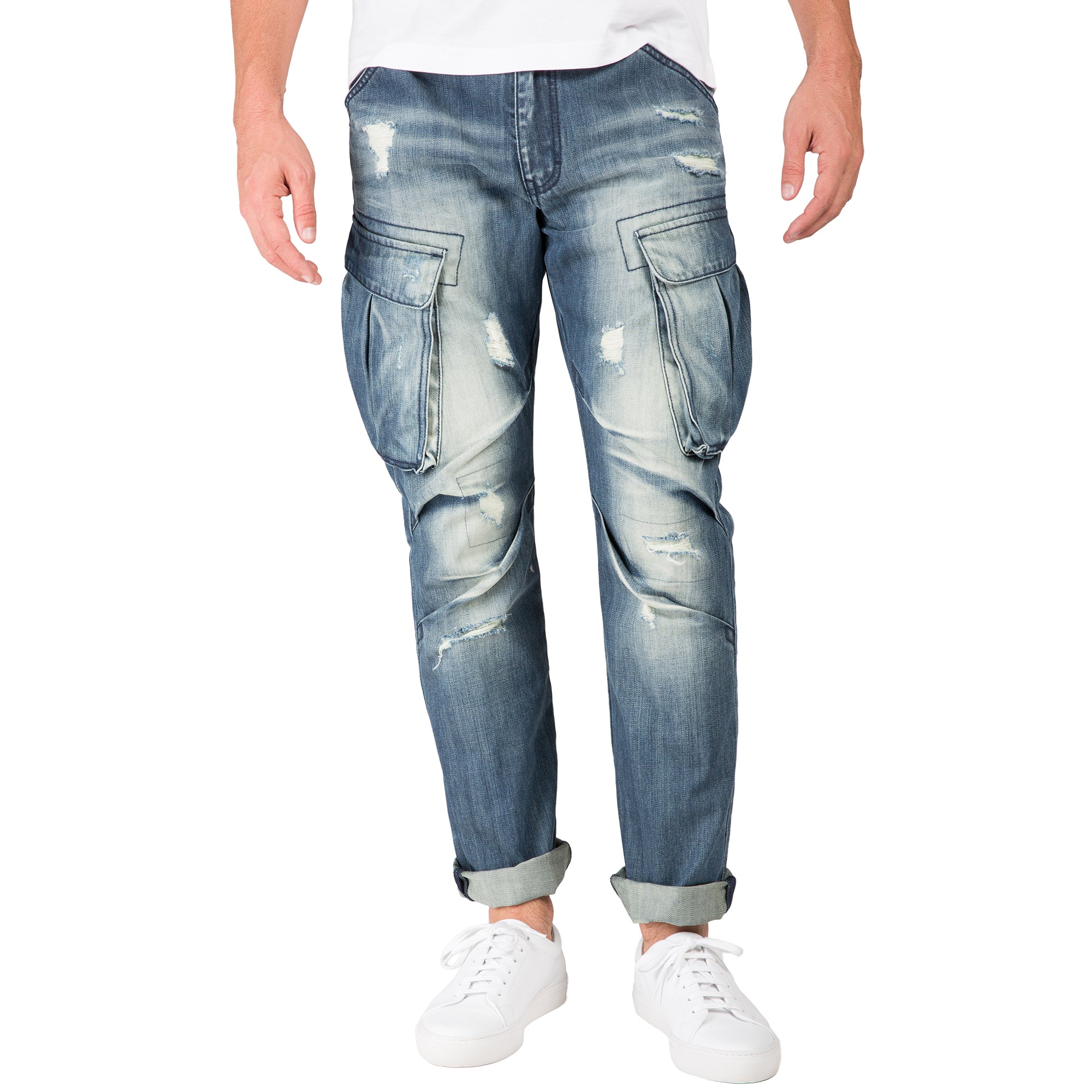 Slim Straight Premium Denim Distressed Cargo Pocket Jeans Intense Blast