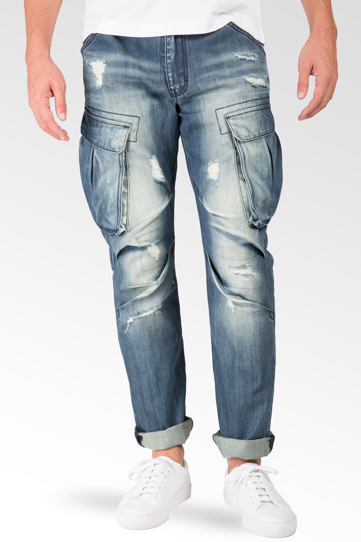 Slim Straight Premium Denim Distressed Cargo Pocket Jeans Intense Blast
