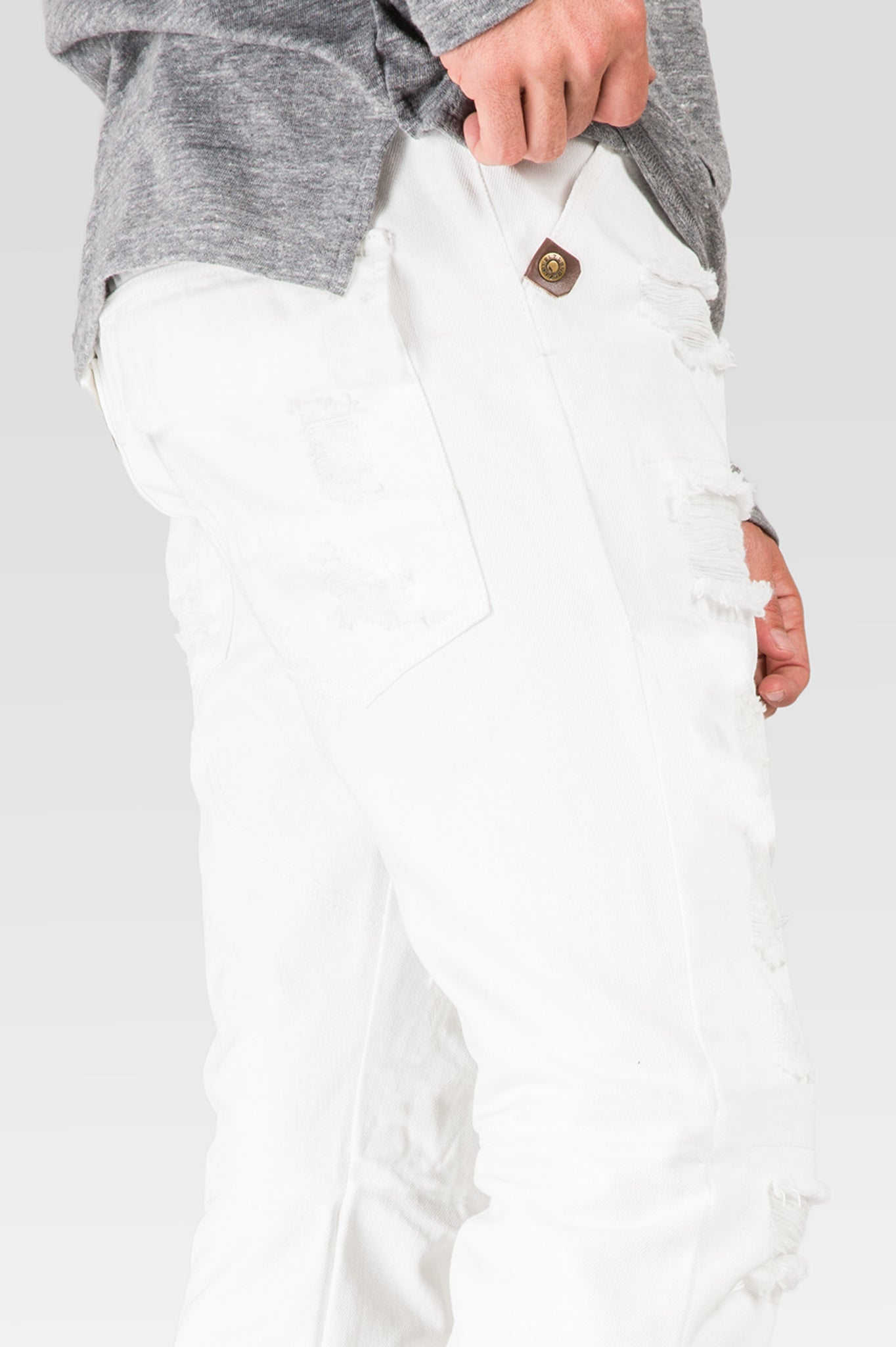 Slim Straight Distressed & Mended White Premium Denim 5 Pocket Jeans