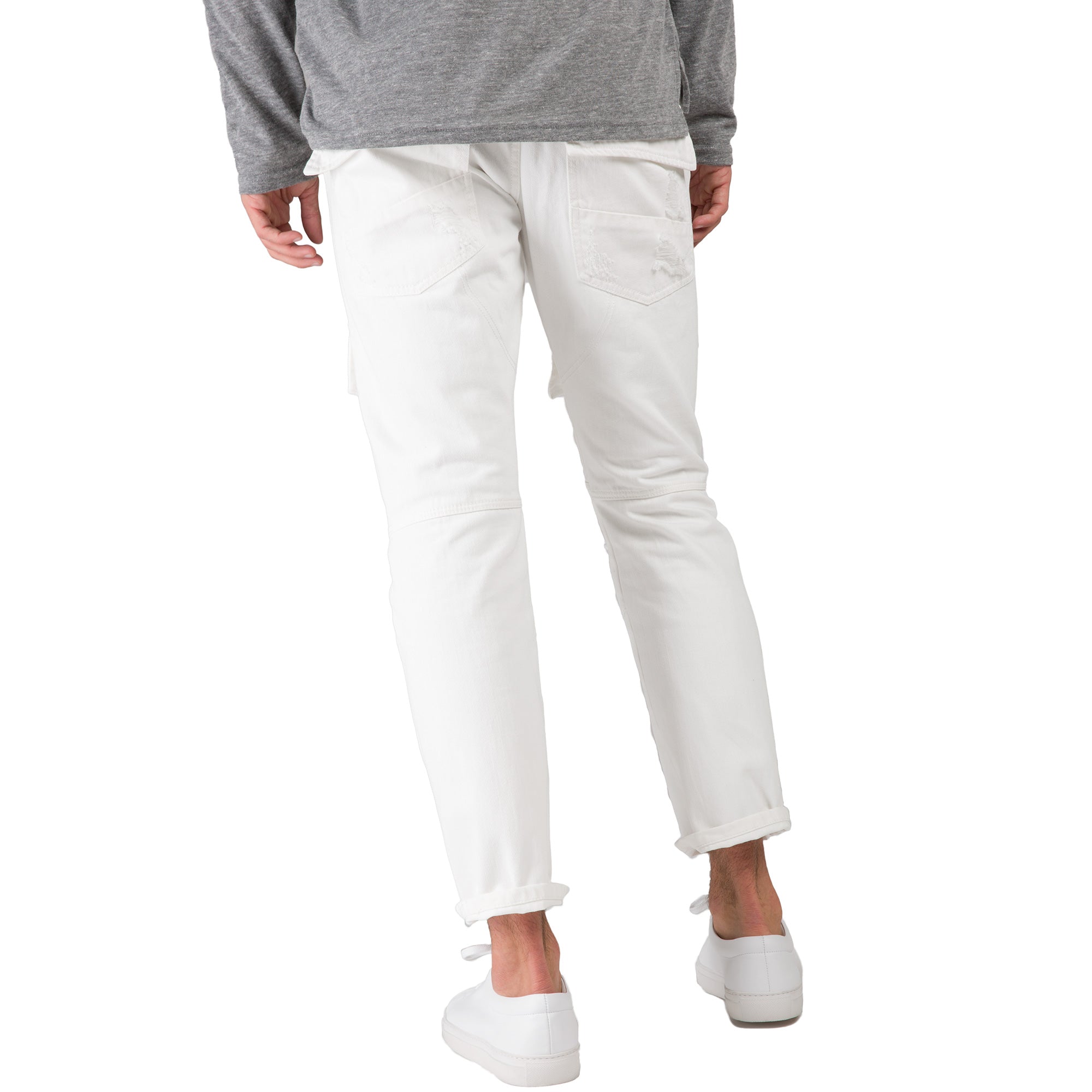 Slim Straight Distressed & Mended White Premium Denim Front Cargo Pocket Jeans