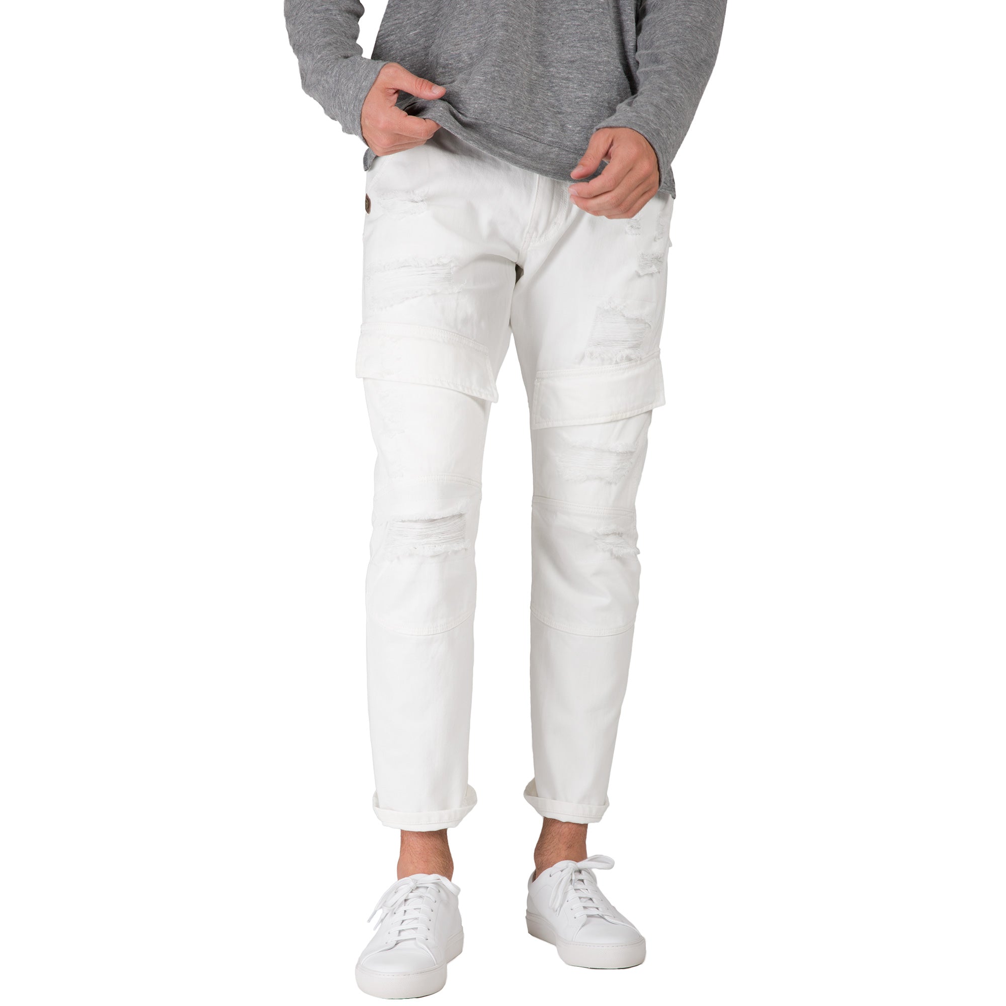 Slim Straight Distressed & Mended White Premium Denim Front Cargo Pocket Jeans