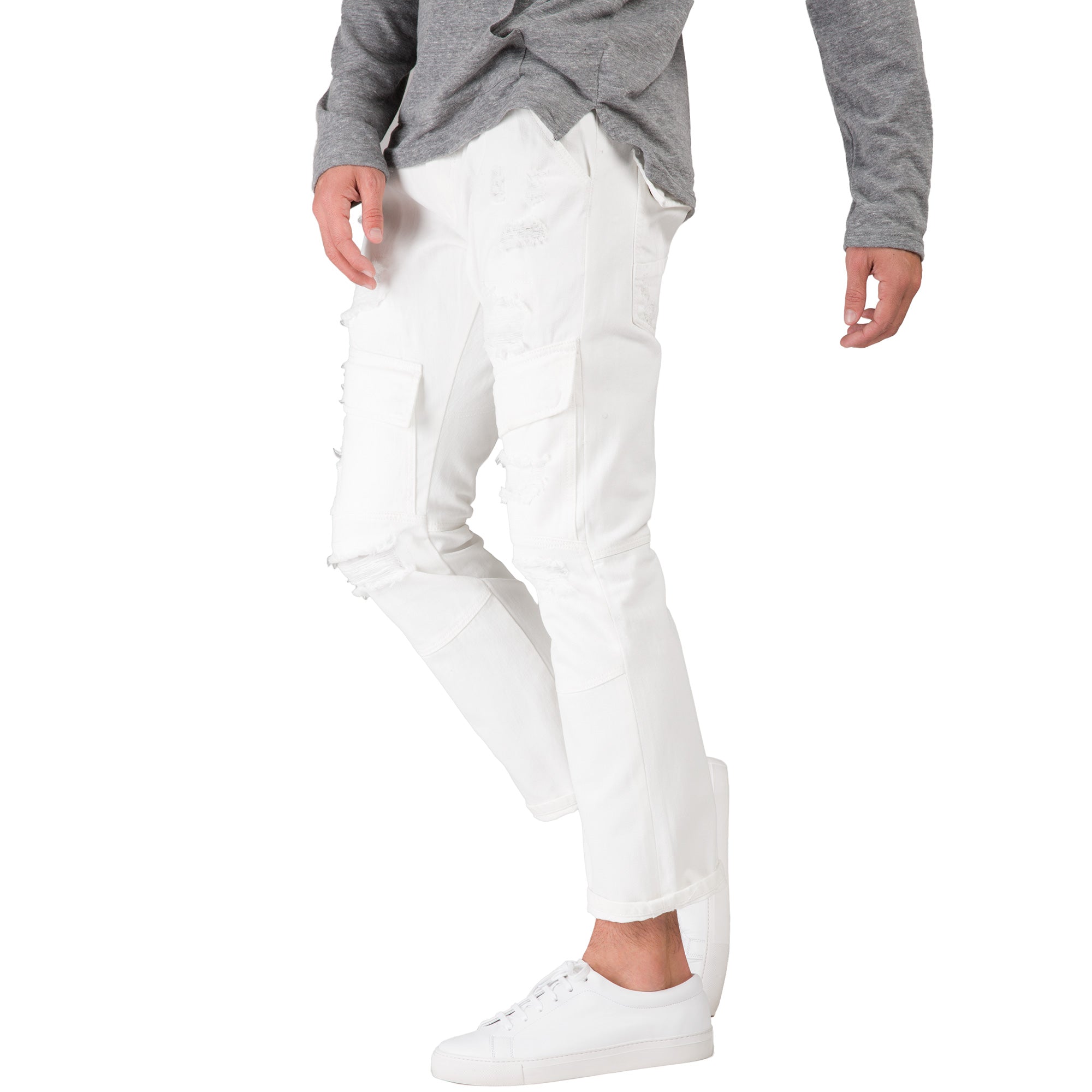 Slim Straight Distressed & Mended White Premium Denim Front Cargo Pocket Jeans