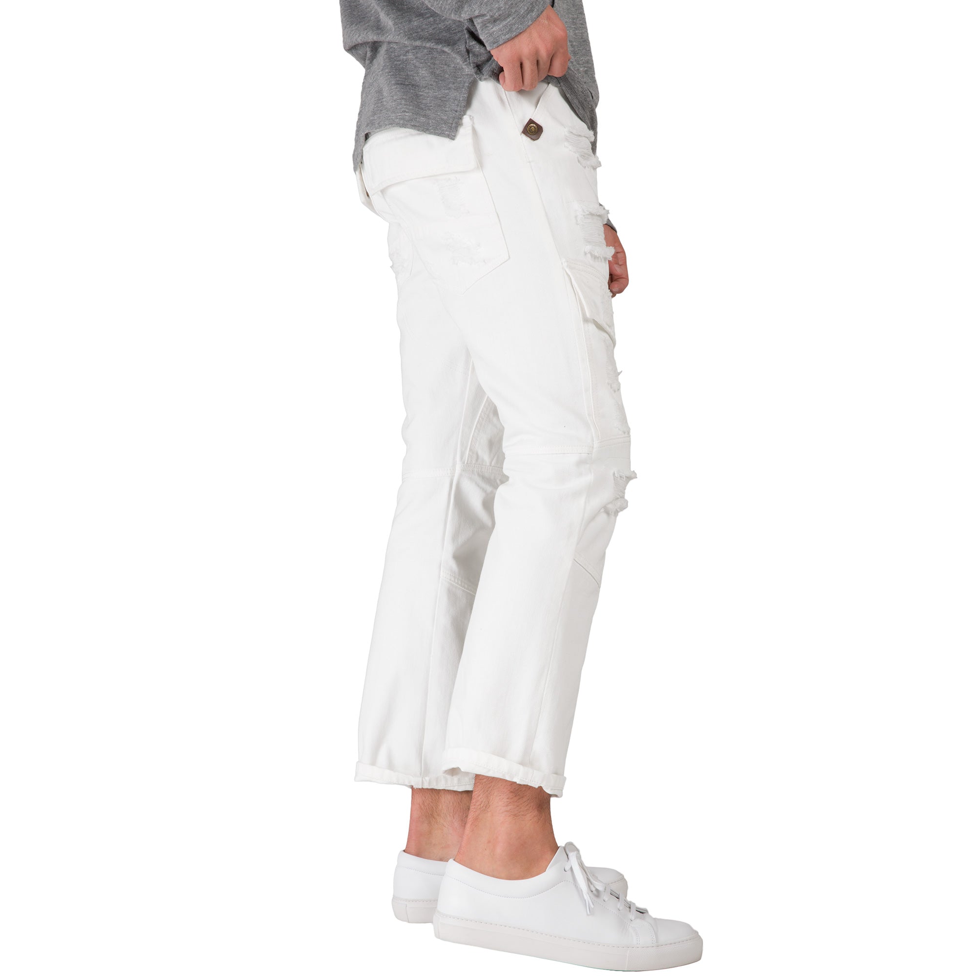 Slim Straight Distressed & Mended White Premium Denim Front Cargo Pocket Jeans