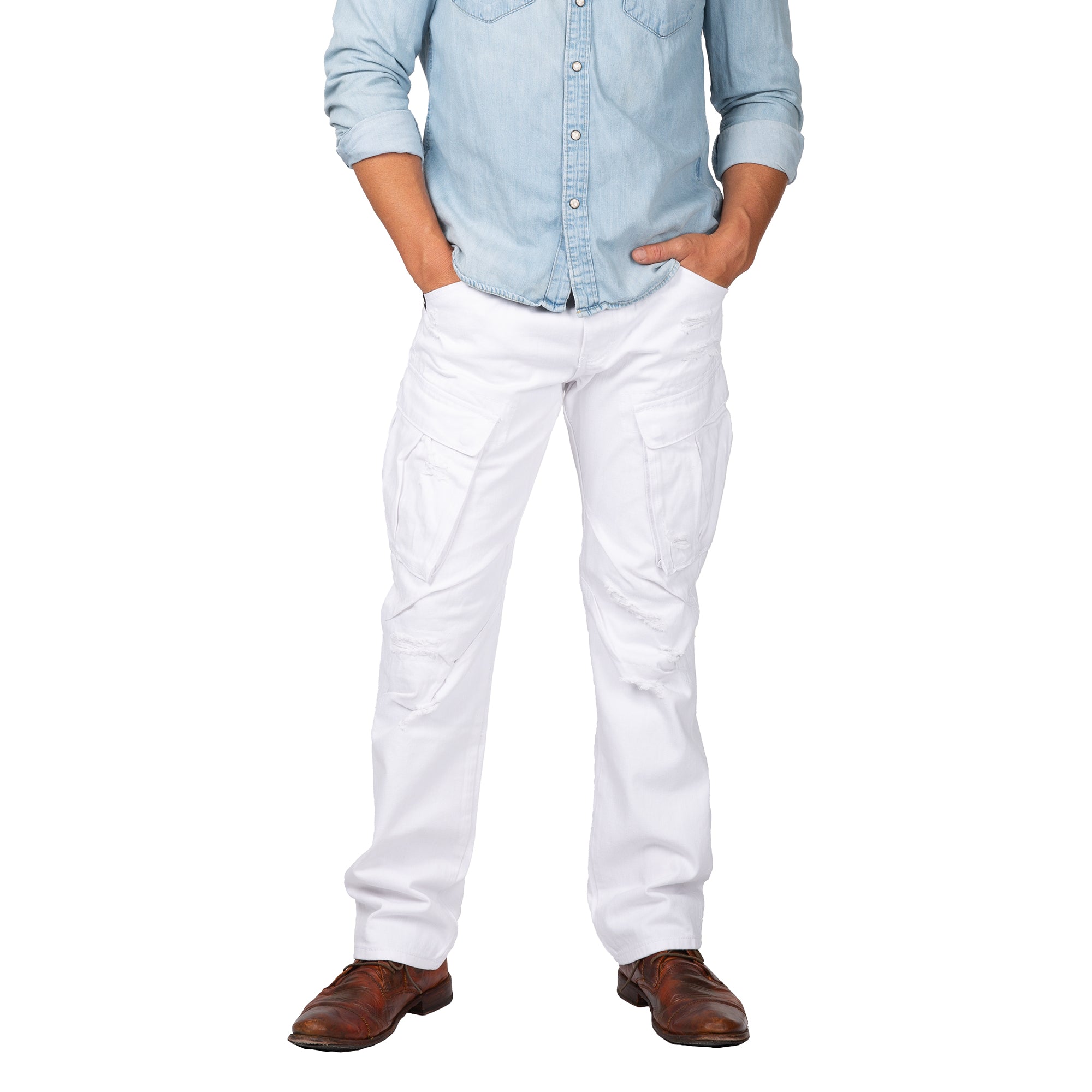 Level Men's Slim Straight Rip Repair White Cargo Pocket Jeans
