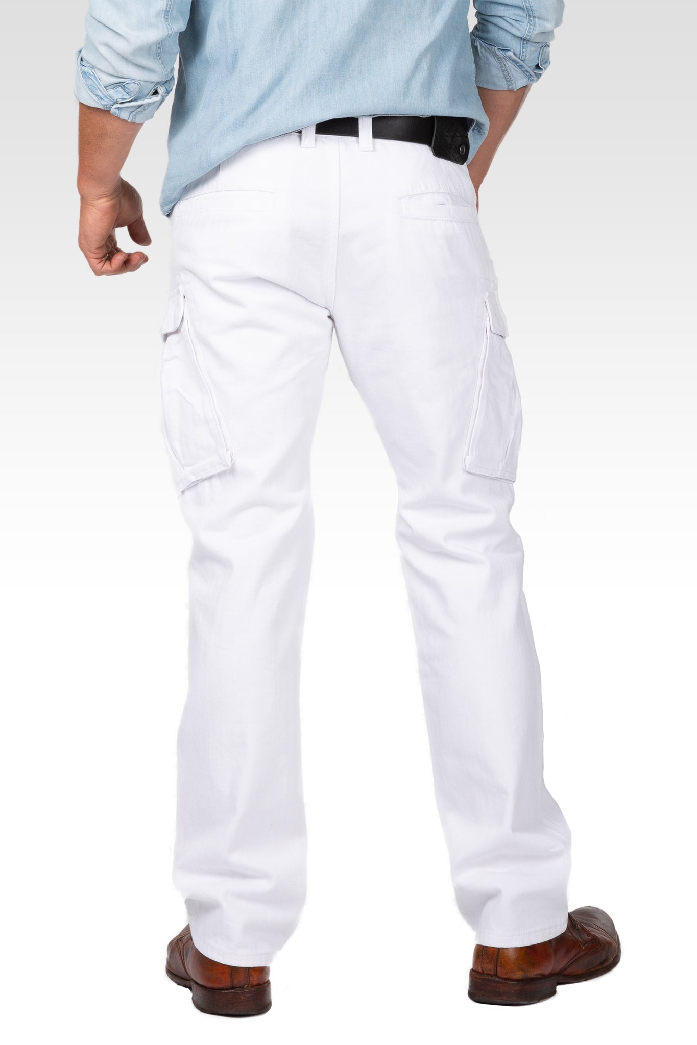 Slim Straight Distressed & Mended White Premium Denim Cargo Pocket Jeans