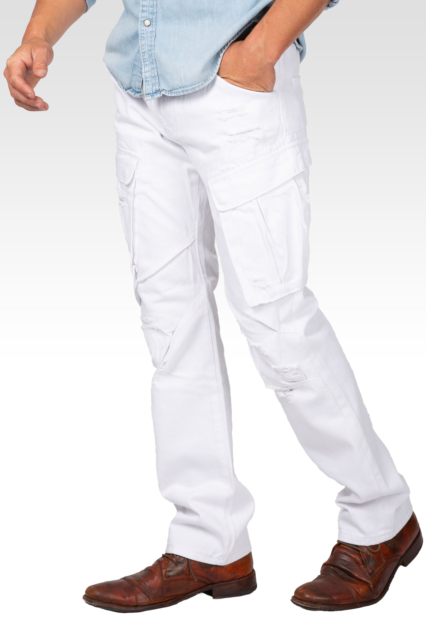 Slim Straight Distressed & Mended White Premium Denim Cargo Pocket Jeans
