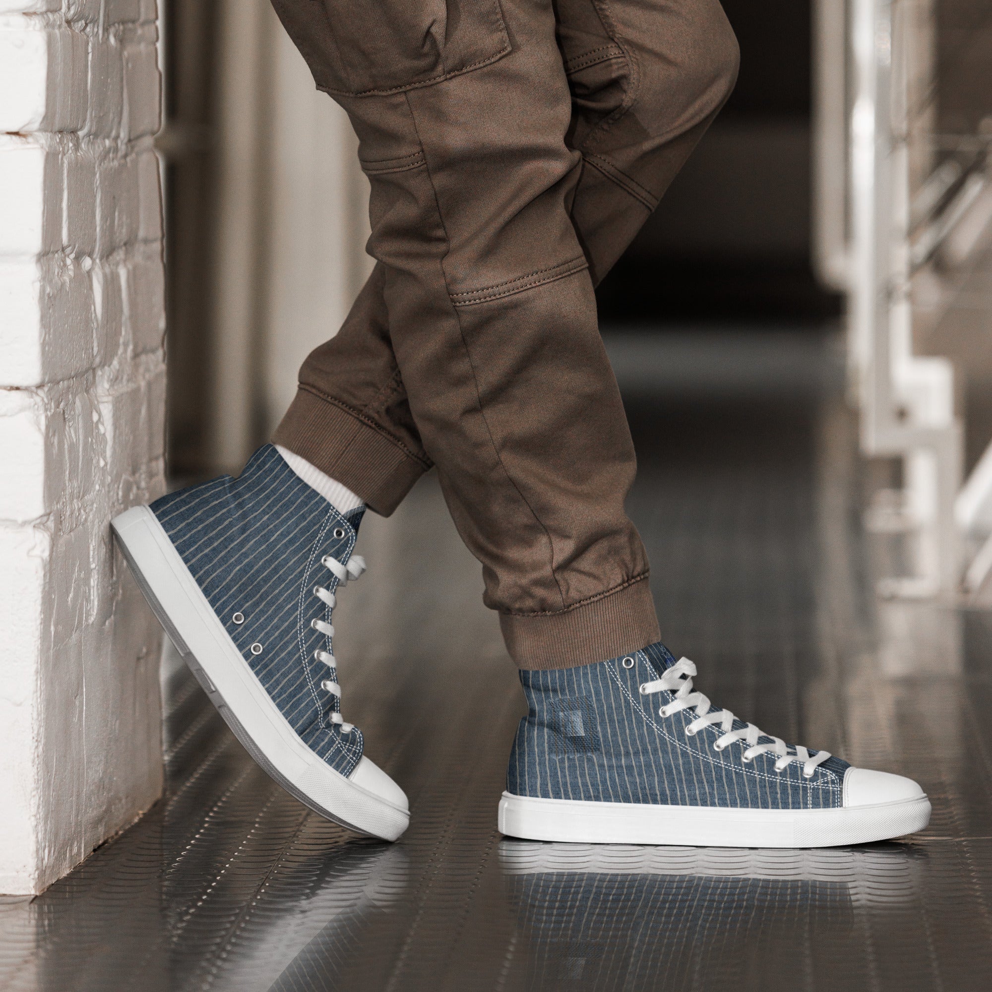 Men’s " Denim Pinstripe Print " high top canvas shoes